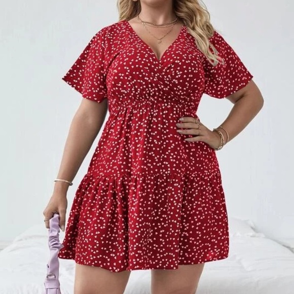 Boho ruffle frill short sleeve heart print v neck dress light blue - Picture 8 of 11